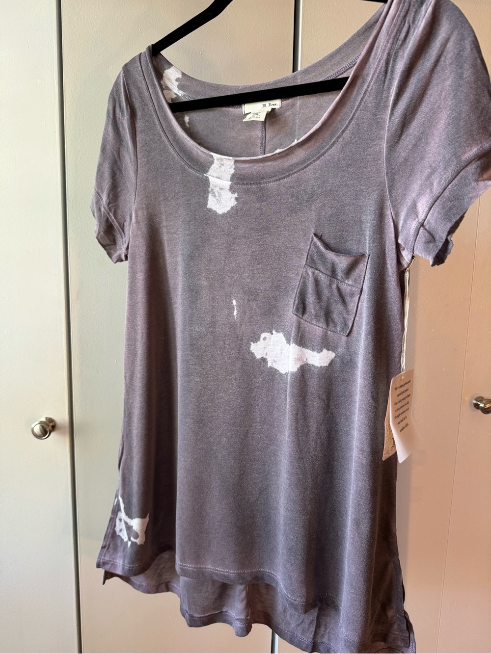 M. Rena Washed Gray Short Sleeve Pocket Tee with White Distressed Accents